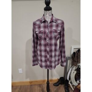 Kuhl Women SZ M black snap Western Cowgirl burgandy plaid button down rodeo
